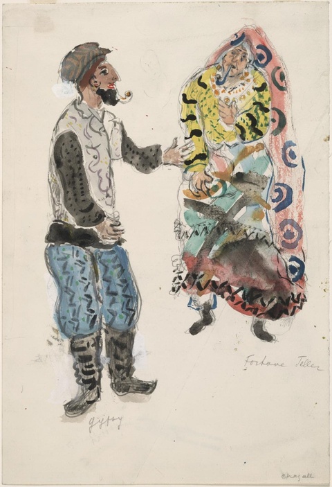 夏加尔-A Fortune Teller and a Gypsy, costume design for Aleko (Scene I) 第1页