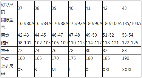 男士衬衫尺码对照表