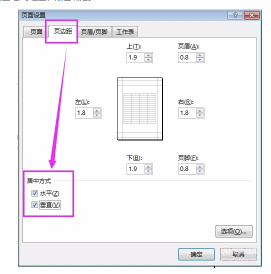 再次打开"页面设置"对话框,选择"页边距",在其页面下,把"居中方式"