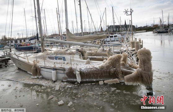 寒潮席卷荷兰小镇 码头船只结冰柱如同雕塑 第1页
